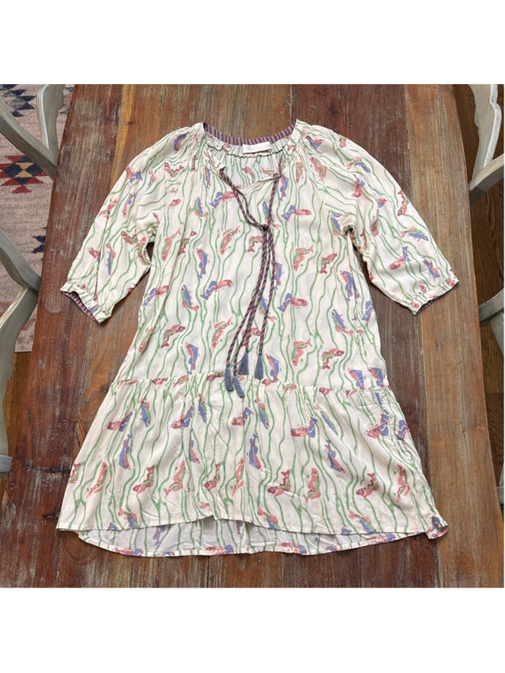 Natalie Martin Dress S Rayon Pisces Fish Print Tassel Tie Boho Mini Drop Waist